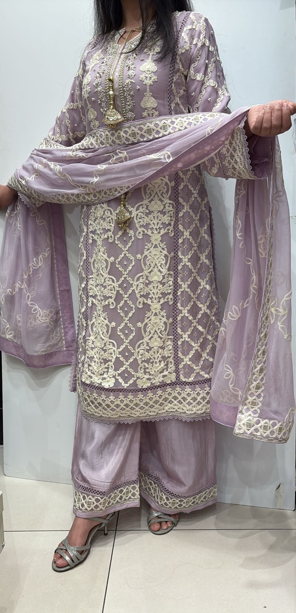 385A- PURPLE EMBROIDERED CHIFFON 3 PIECE SUIT