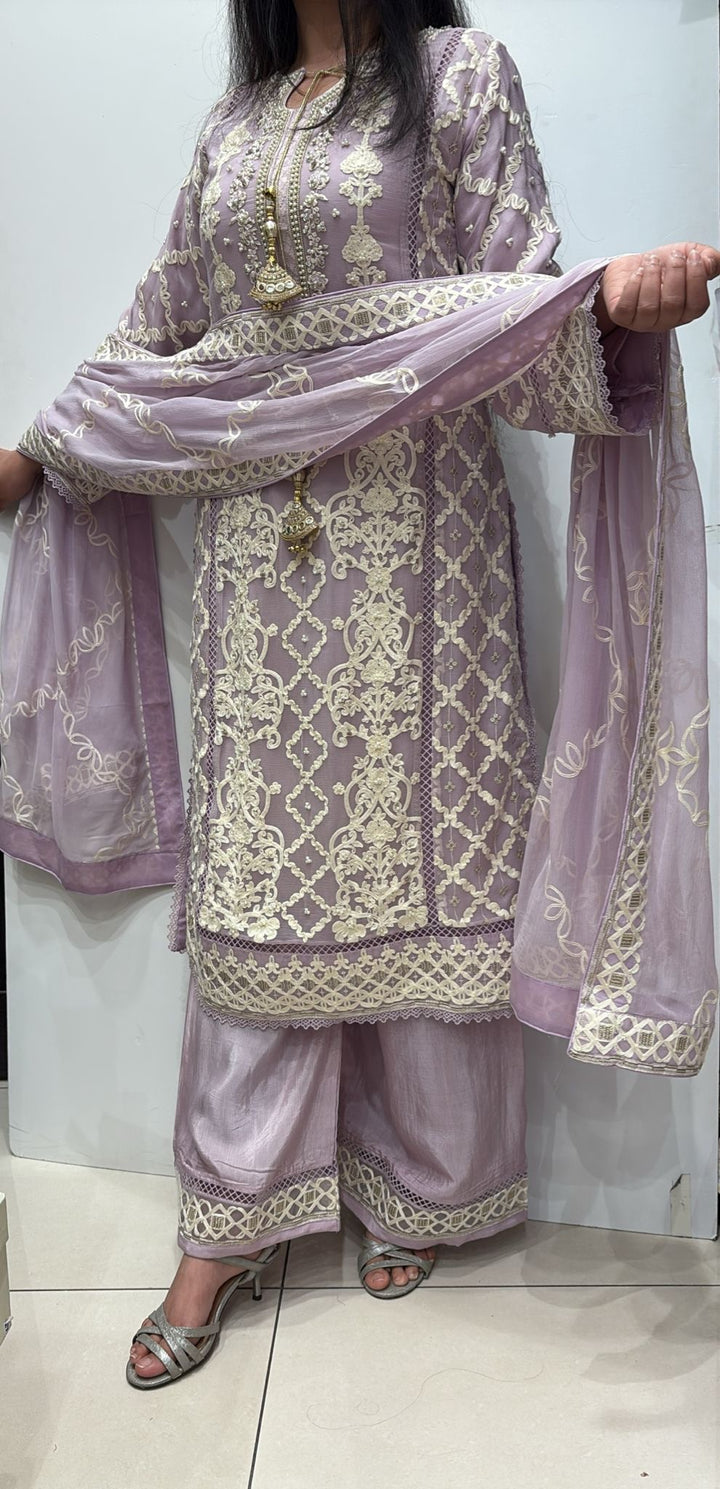 385A- PURPLE EMBROIDERED CHIFFON 3 PIECE SUIT