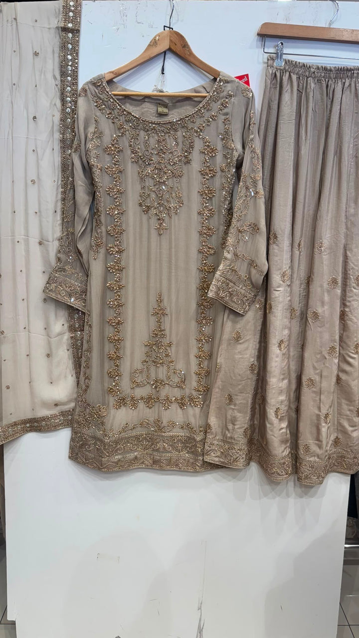347C - Beige Embroidered Chiffon 3 Piece Suit