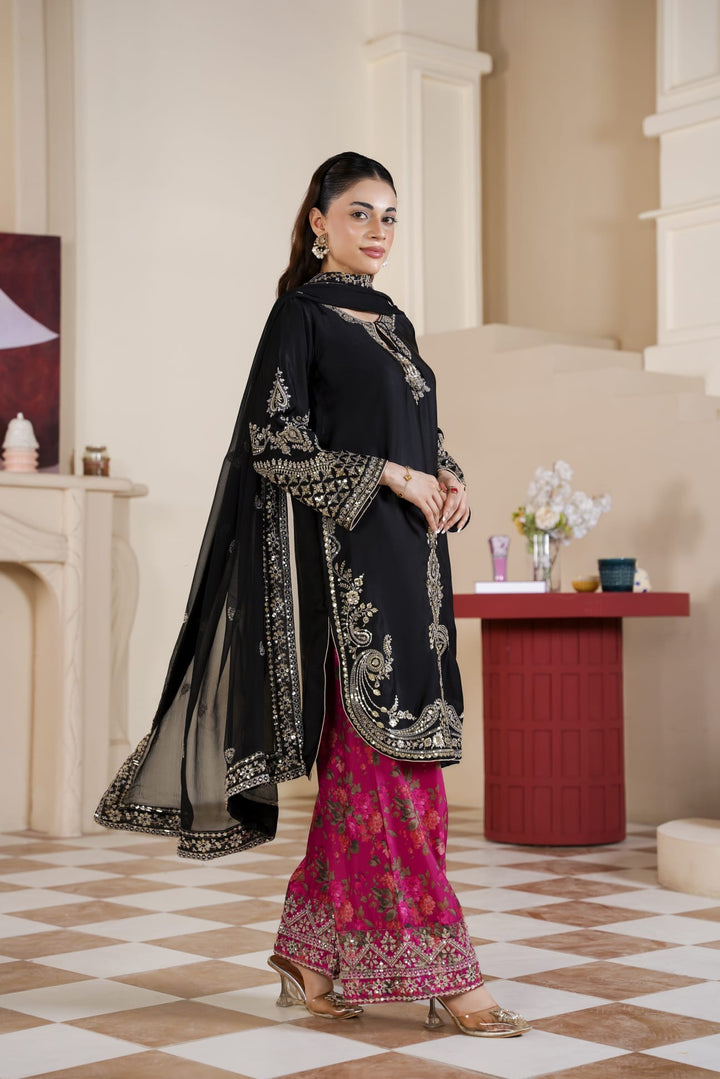 333C - Black/Pink Embroidered Shamoz Silk 3 Piece Suit