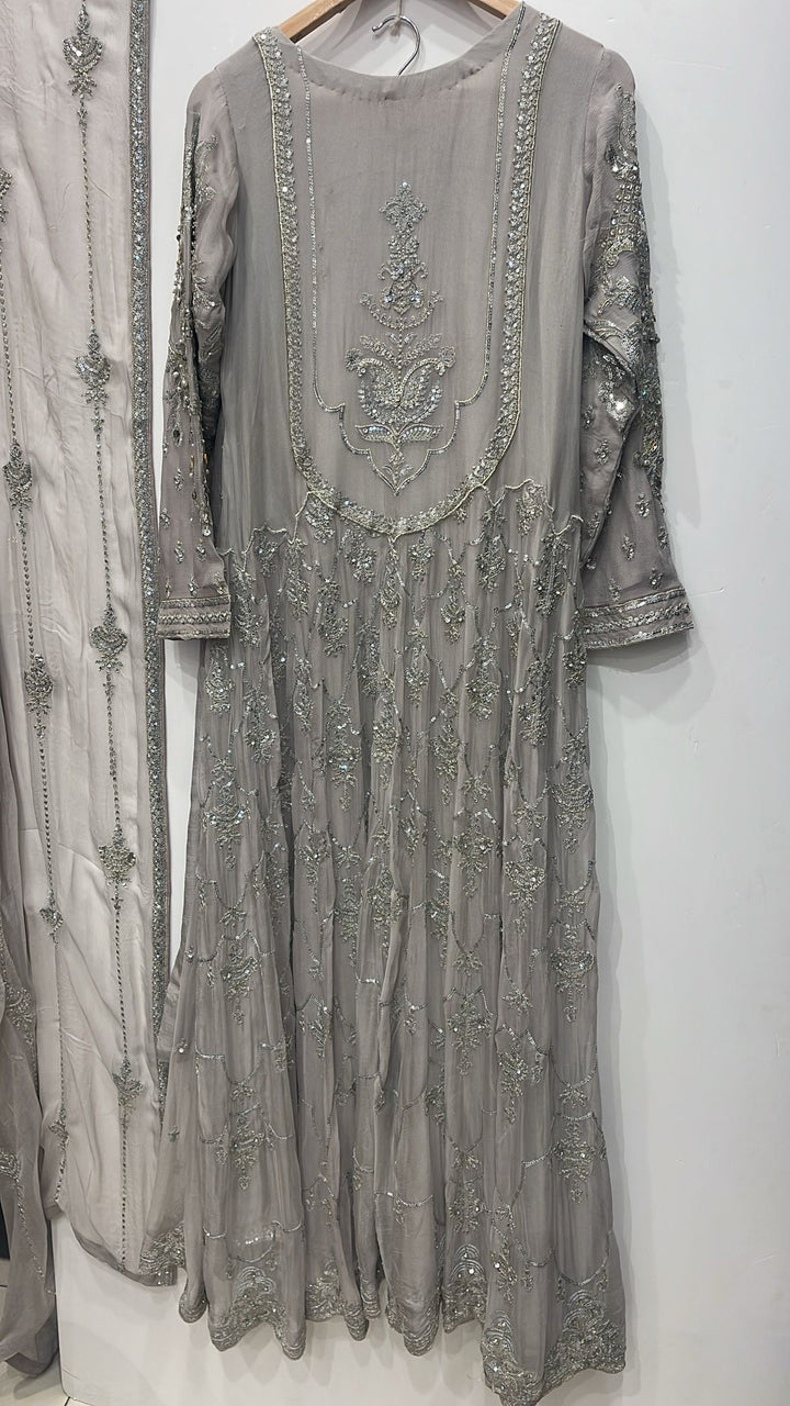 GREY EMBROIDERED CHIFFON 3 PIECE SUIT 424C