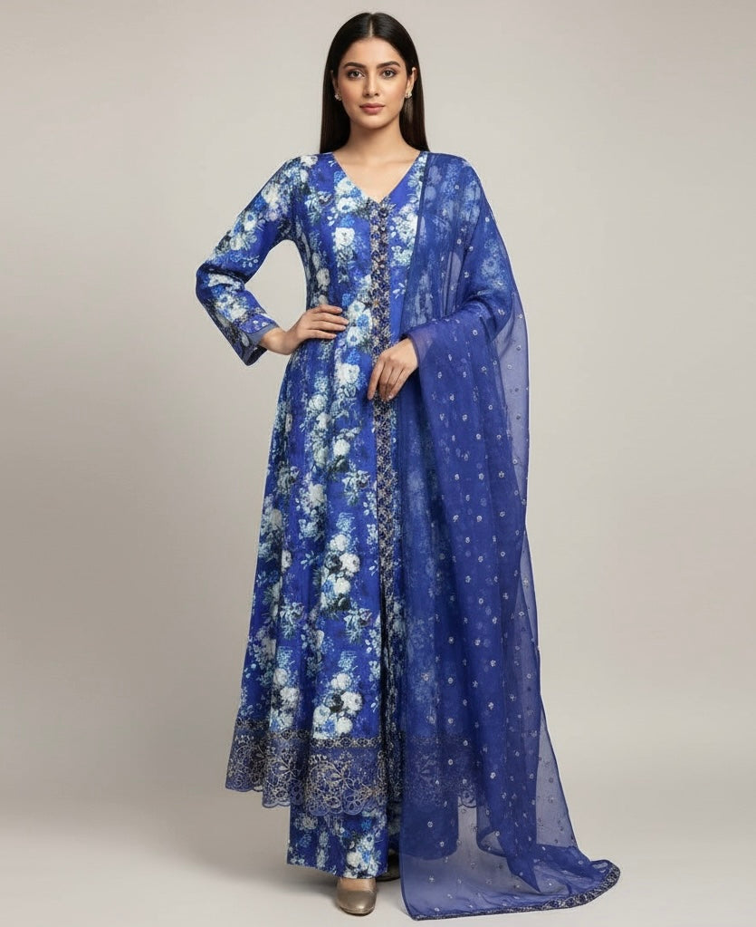ZC2825C - Blue Embroidered Cotton 3 Piece suit