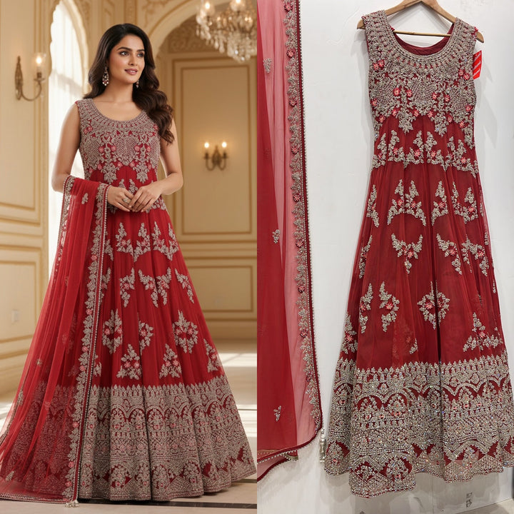 7015E- Red Embroidered & Embellished net long dress