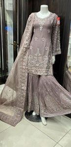 LIGHT MAUVE EMBROIDERED CHIFFON GHARARA SUIT 0194H