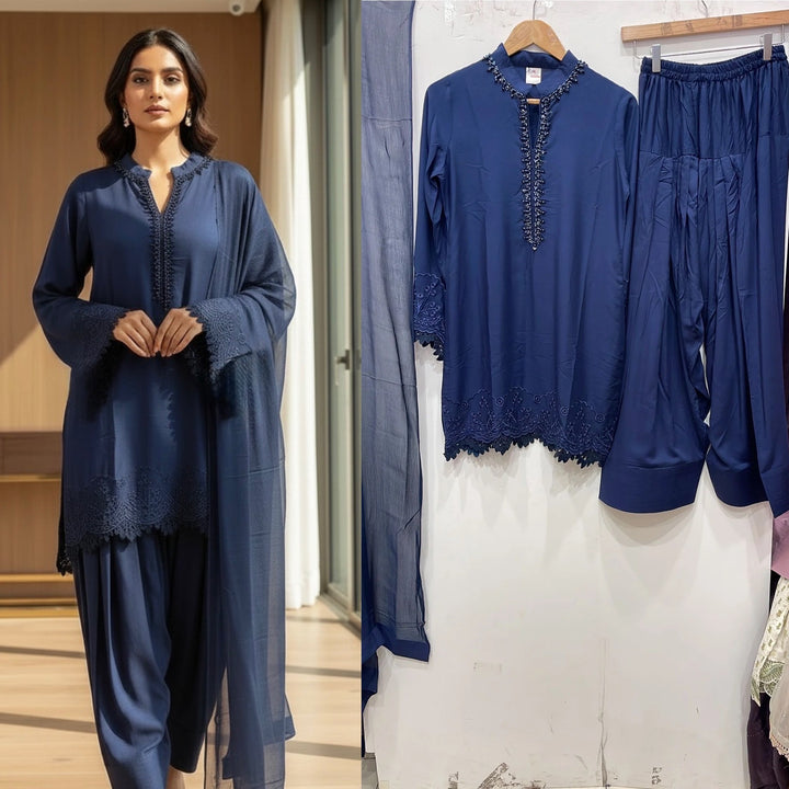 NF04 - Blue Farshi Shalwar Embroidered linen suit