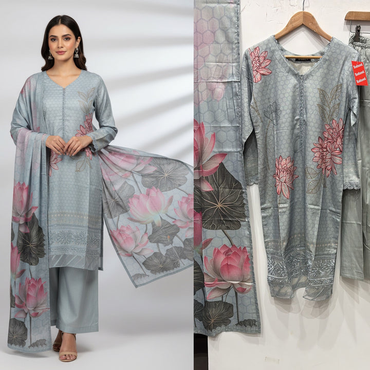 PL05 - EMBROIDERED LINEN PRINT 3 PIECE SUIT