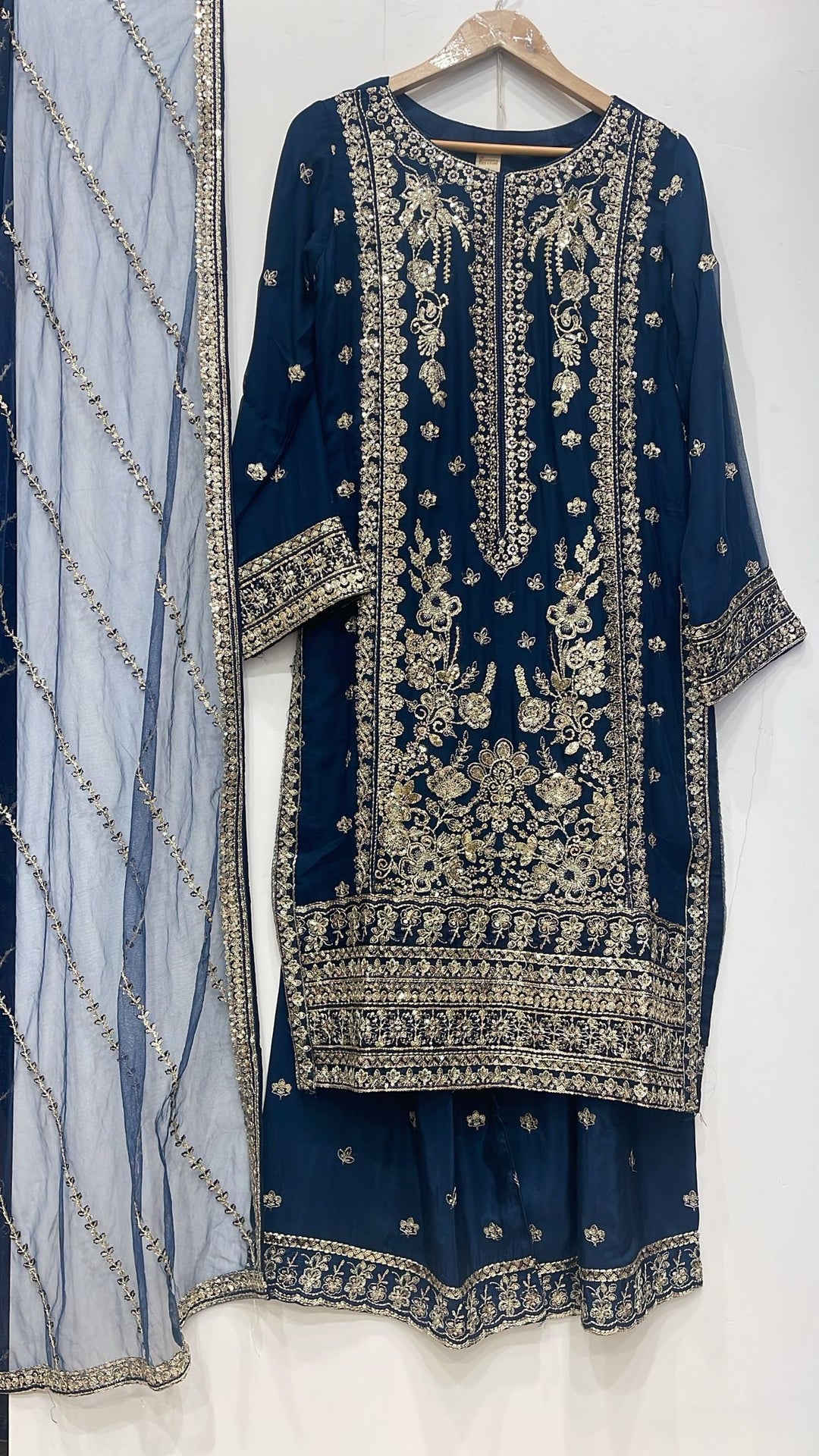 386A - BLUE CHIFFON EMBROIDERED SHARARA SUIT