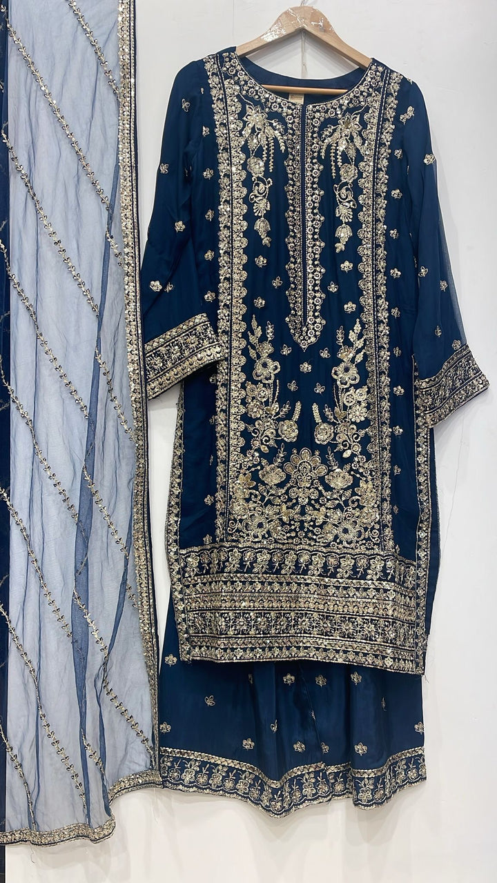386A - BLUE CHIFFON EMBROIDERED SHARARA SUIT