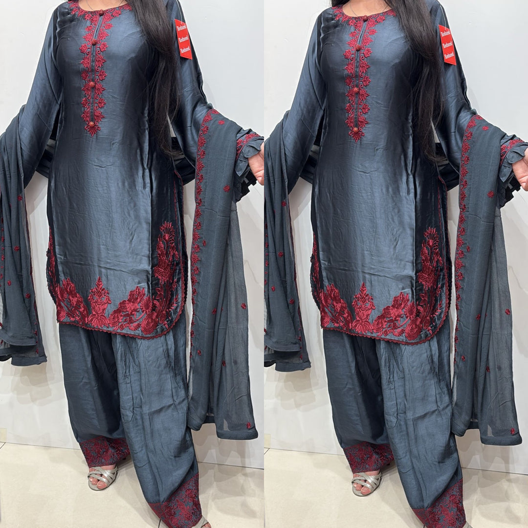 FN14 - TEAL GREY FARSHI SHALWAR EMBROIDERED SILK SUIT