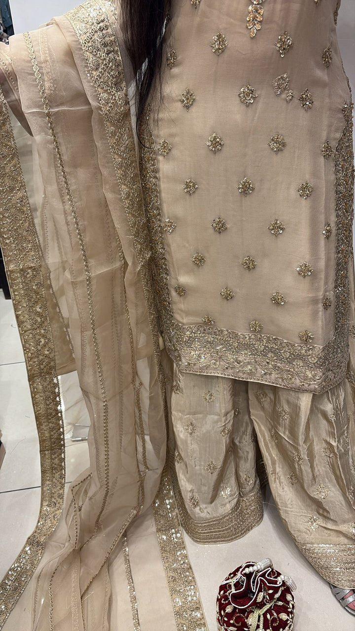 363C- BEIGE GOLD CHIFFON EMBROIDERED 3 PIECE SUIT