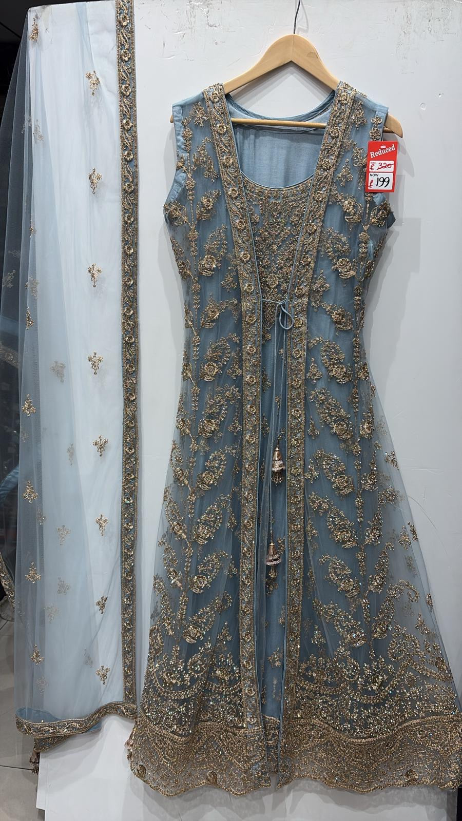 7014A- Blue Embroidered & Embellished net long dress