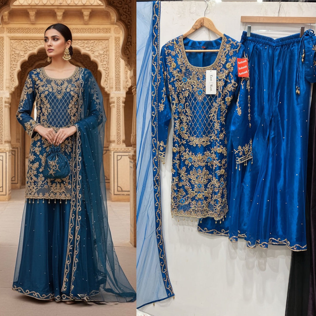 198D - TEAL BLUE EMBROIDERED & EMBELLISHED NET SUIT