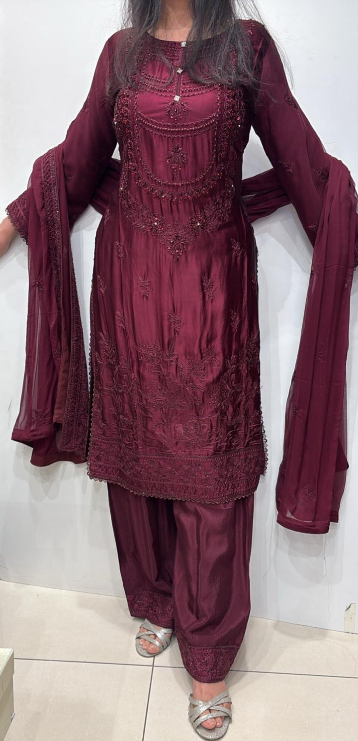 AG23c- MAROON EMBROIDERED SILK 3 PIECE SUIT