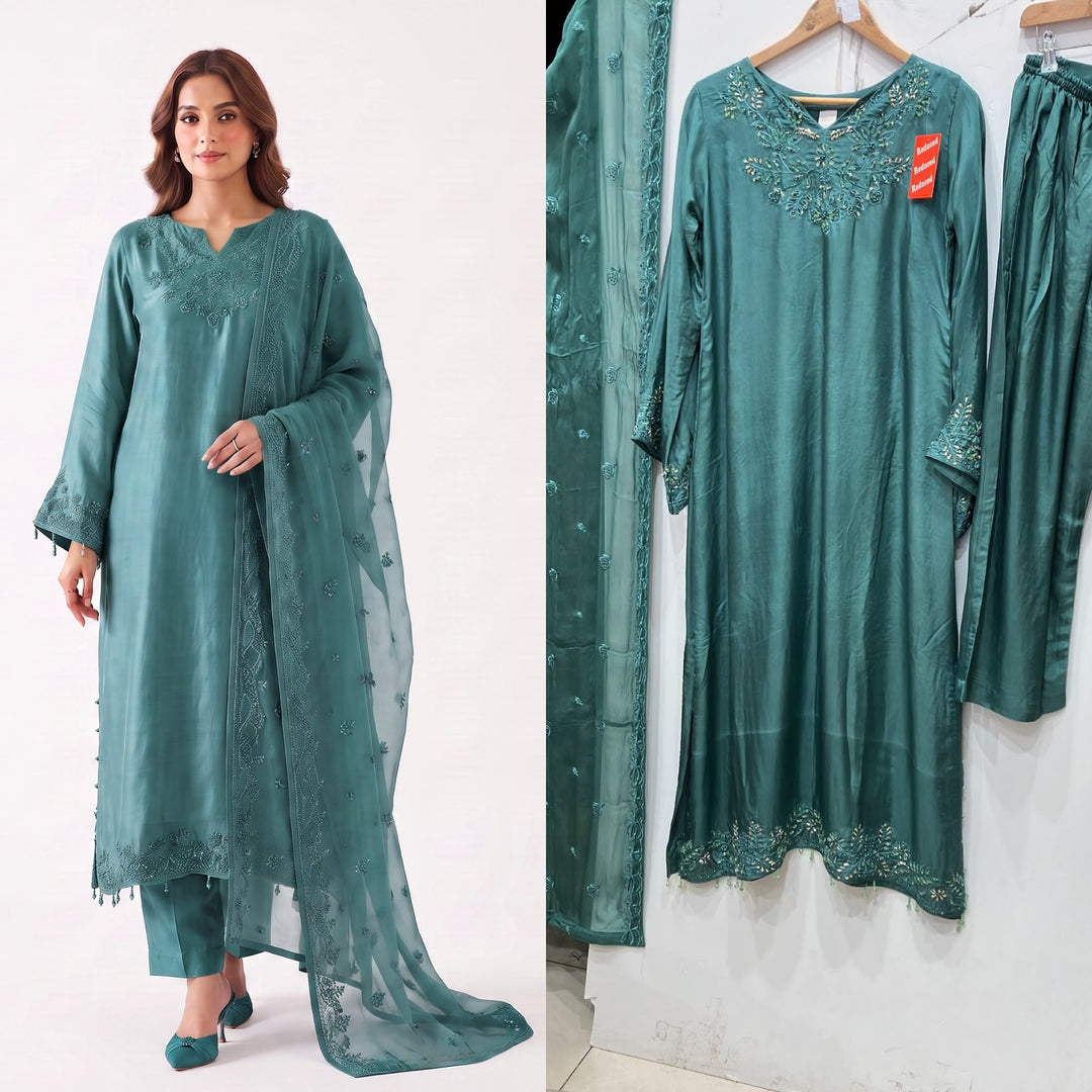 Zc2842b - Teal Tussle Silk Adda Work Kaftan Style Suit