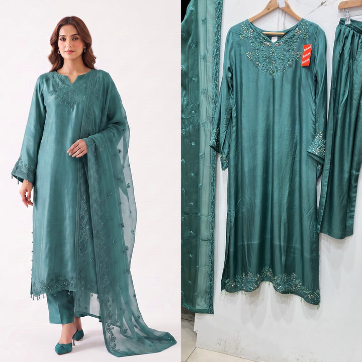 Zc2842b - Teal Tussle Silk Adda Work Kaftan Style Suit
