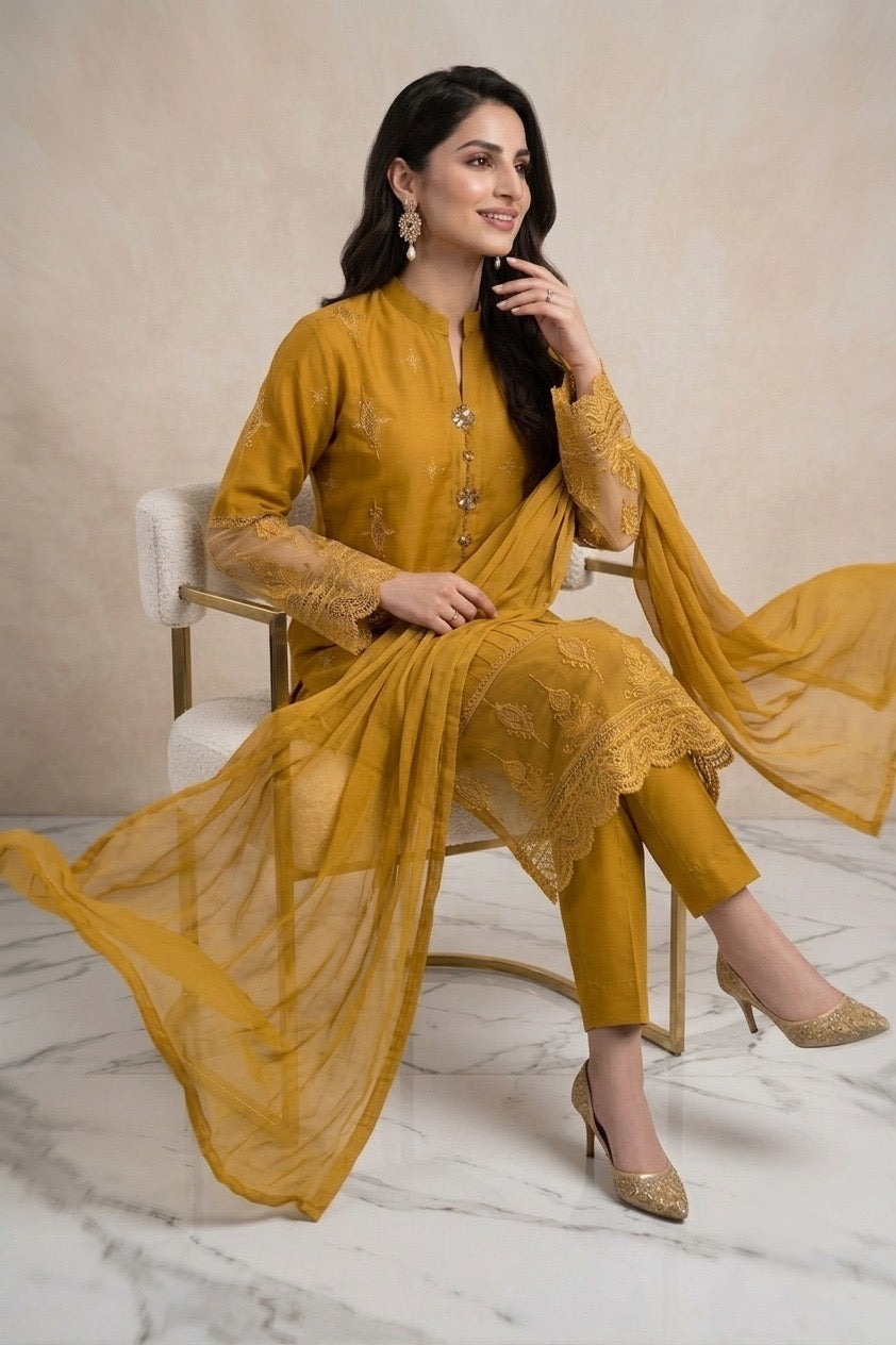 1114A - Mustard Embroidered Linen 3 Piece suit