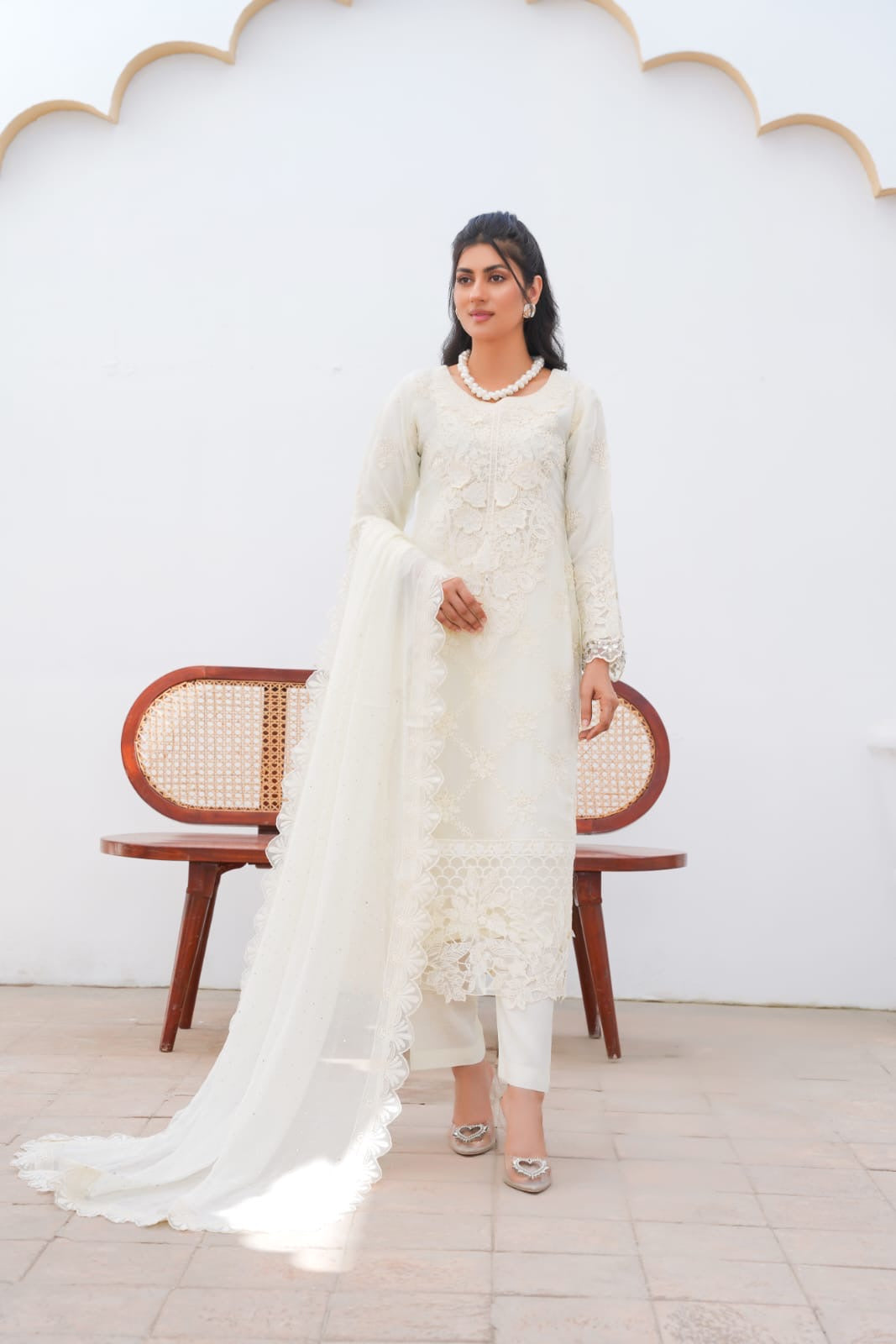355B - Maria b inspired off-white Embroidered chiffon suit