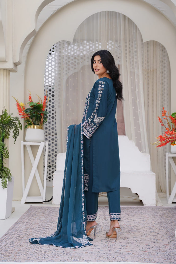 1172B - Teal Embroidered Linen 3 Piece suit