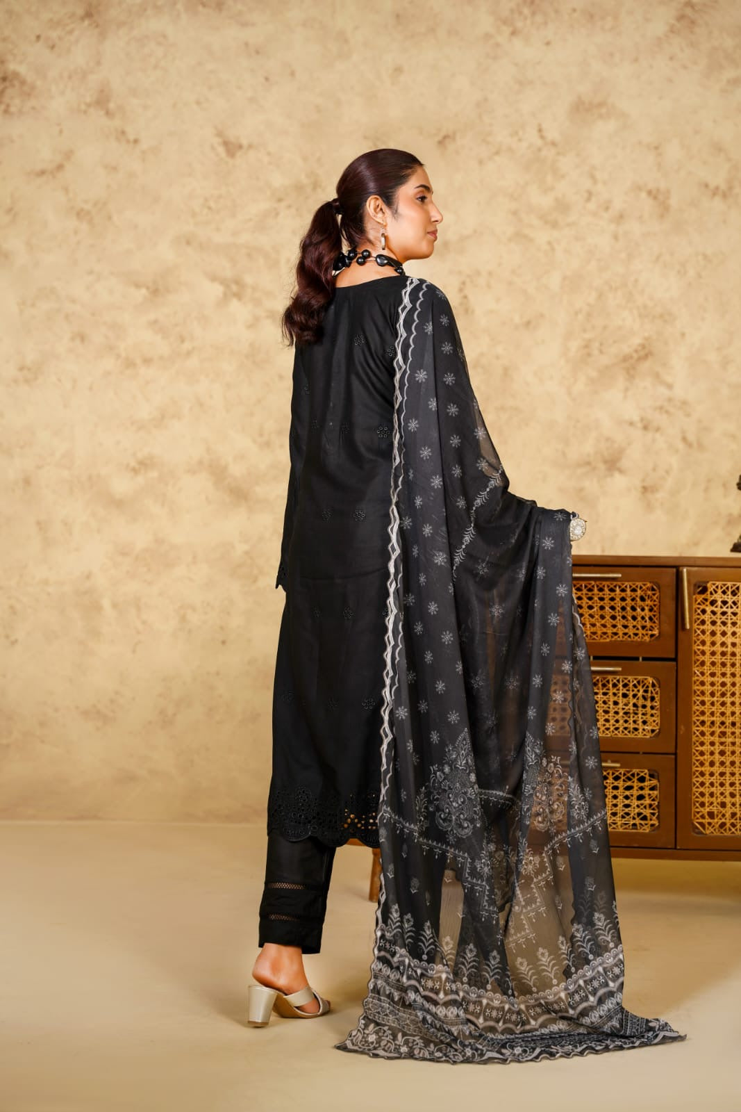 1167C - BLACK LINEN CHIKANKARI 3 PIECE SUIT