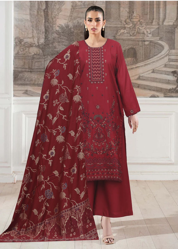 DF03 - RED DHANAK LINEN EMBROIDERED SUIT