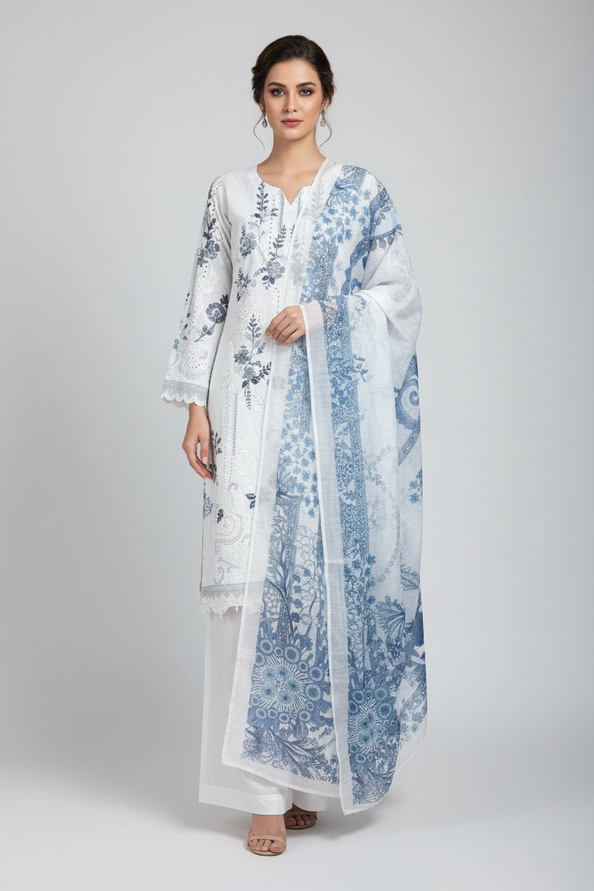 1118A- White Embroidered Cotton 3 Piece suit