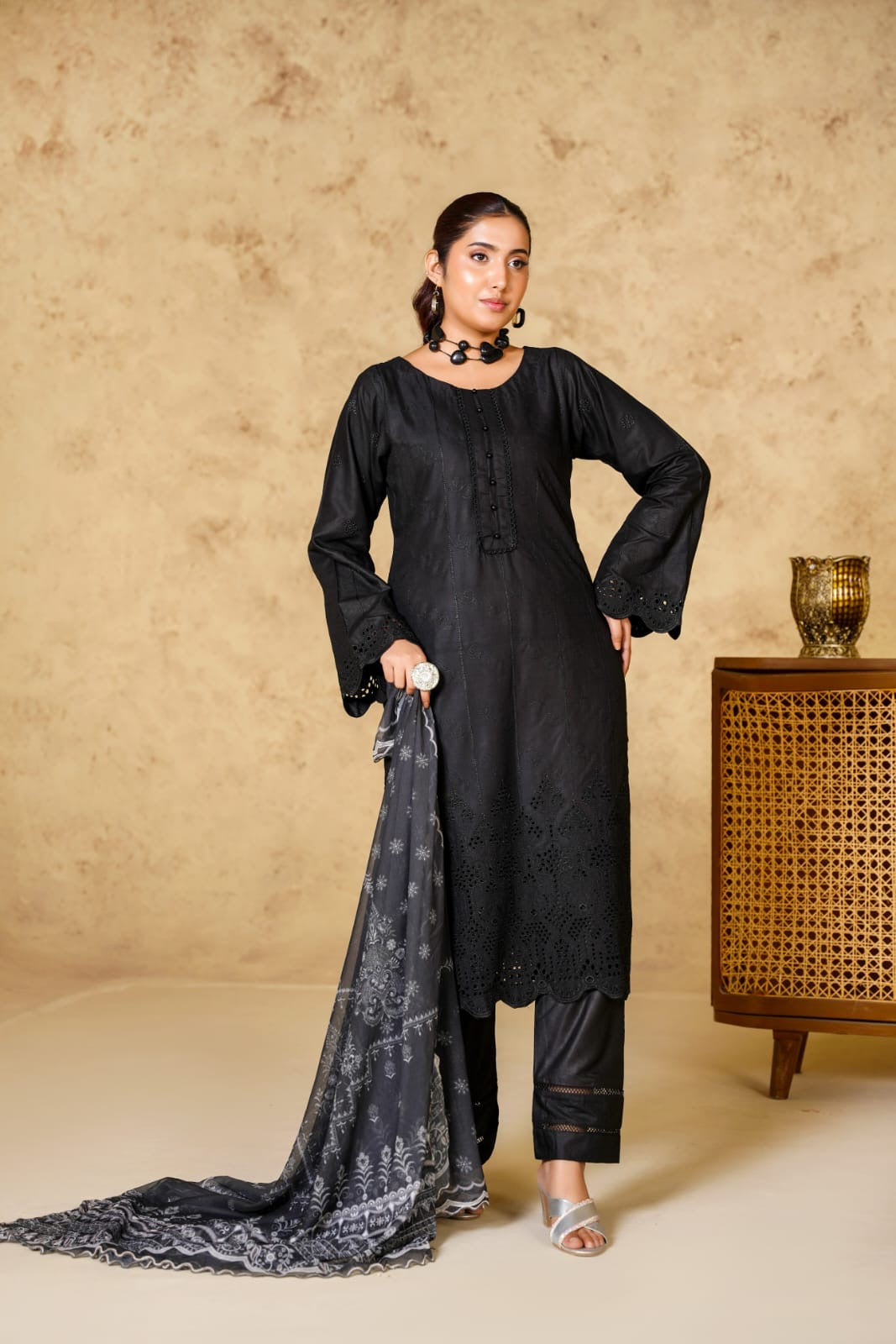 1167C - BLACK LINEN CHIKANKARI 3 PIECE SUIT
