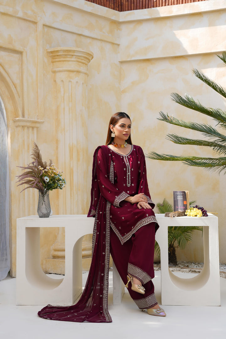 FN02 - Farshi Shalwar Maroon Silk Embroidered Suit