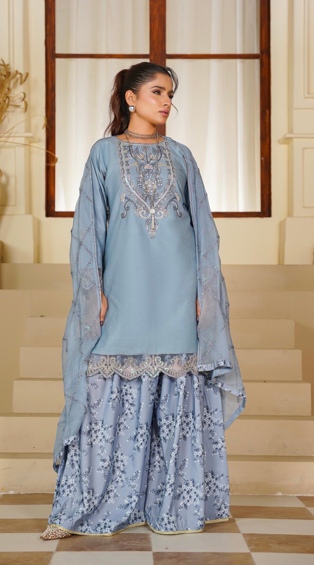 1191B - Embroidered Cotton palazzo 3 Piece suit
