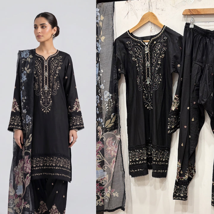 1130D - Black Viscose Shirt with Farshi Shalwar & Chiffon