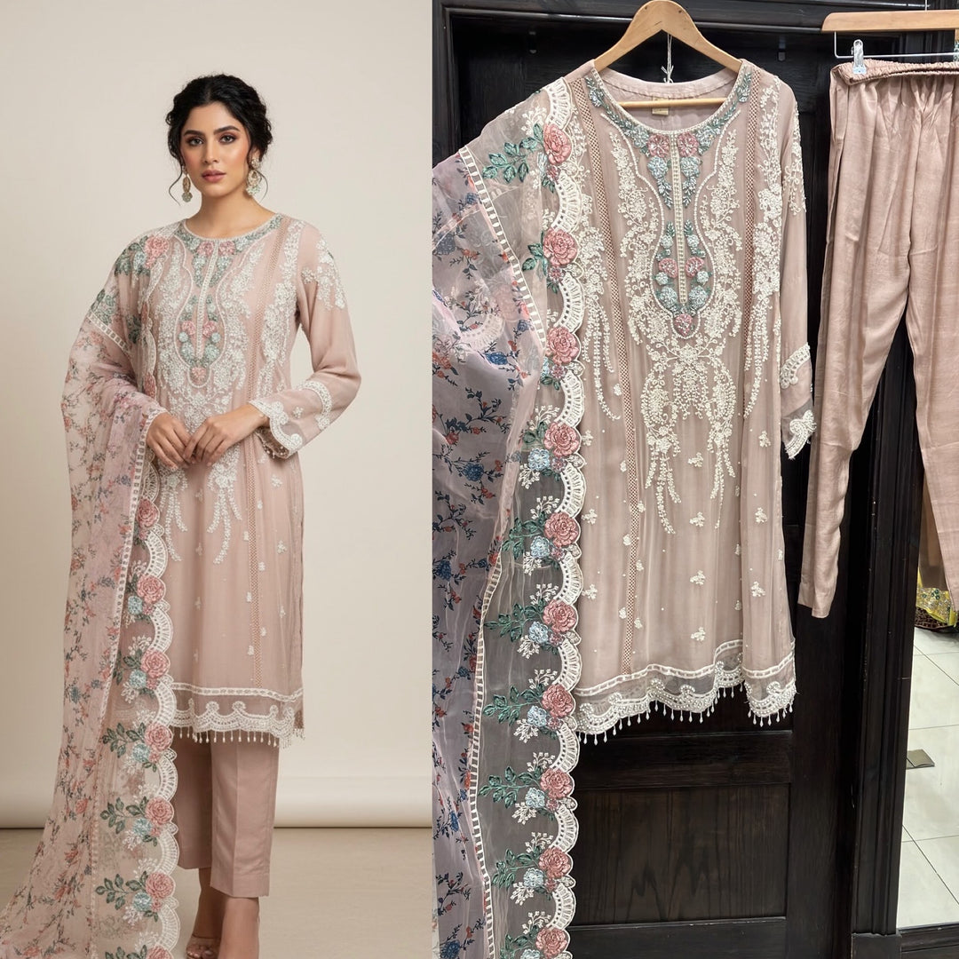 DUSTY PINK EMBROIDERED CHIFFON 3 PIECE SUIT 228E - East meets west clothing 