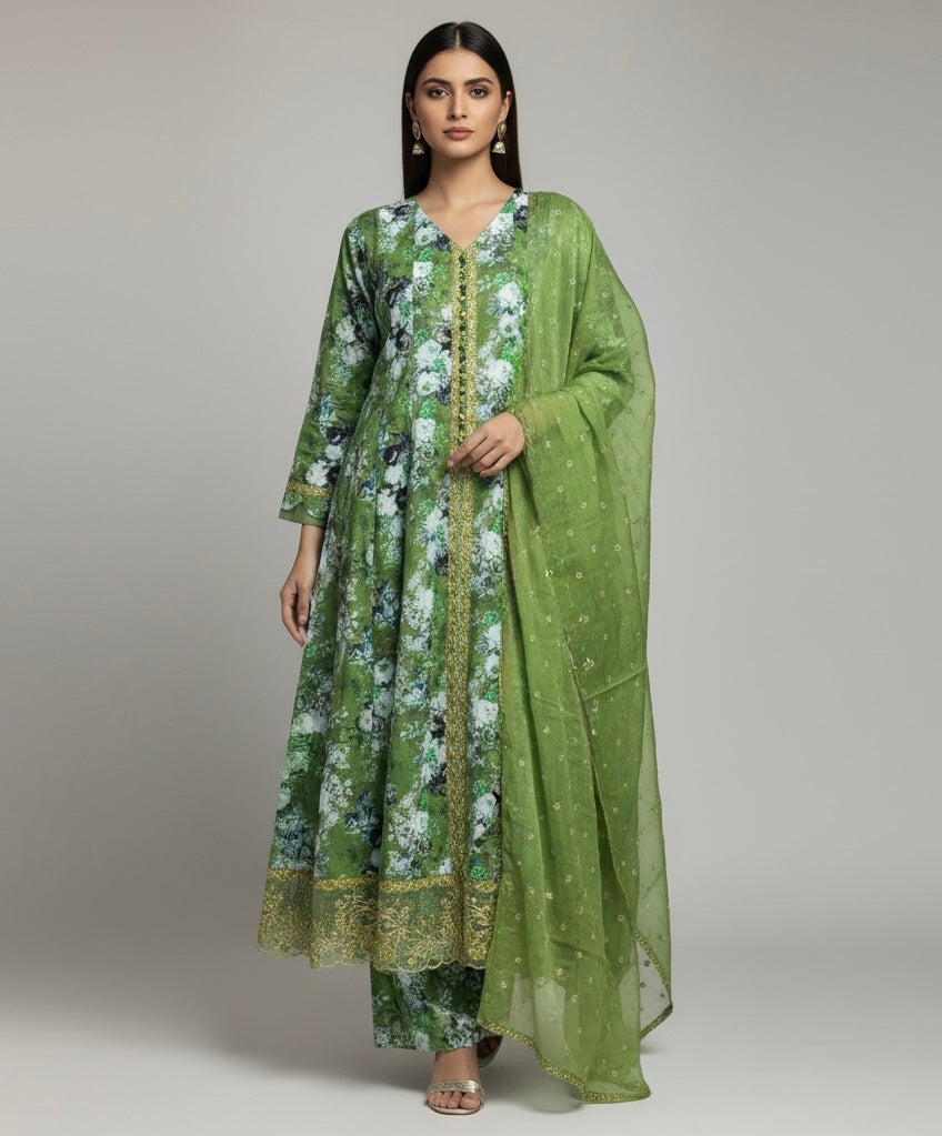 ZC2825B - Green Embroidered Cotton 3 Piece suit