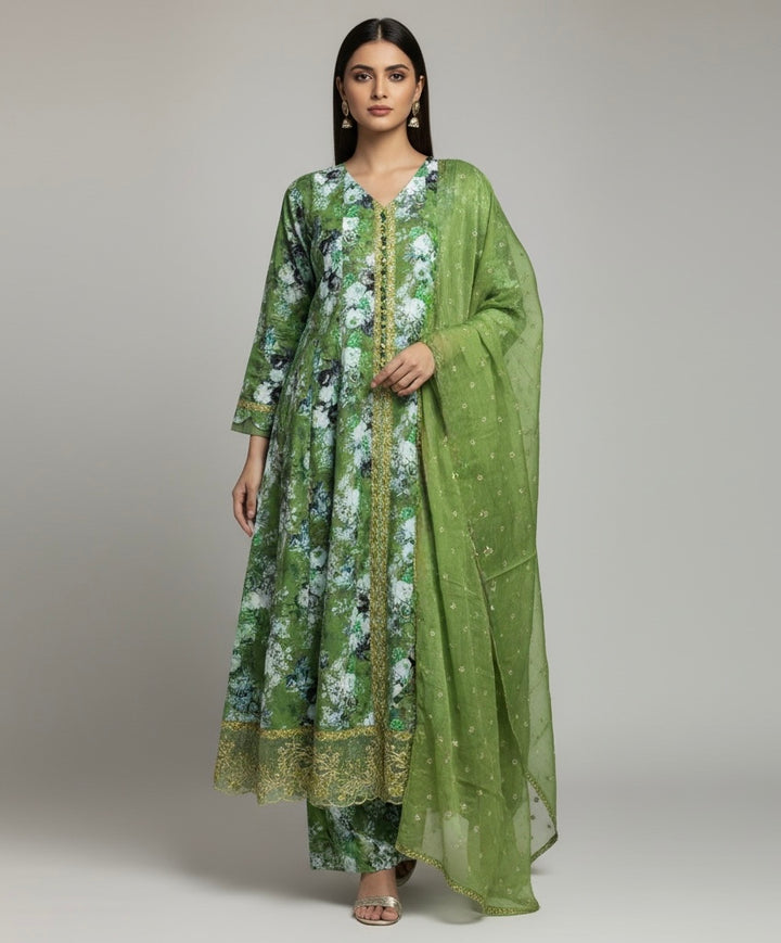 ZC2825B - Green Embroidered Cotton 3 Piece suit