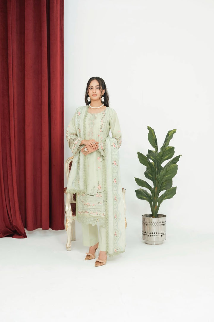 1144B - Light Green Embroidered Cotton 3 Piece suit