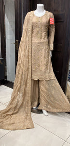 GOLD CHIFFON EMBROIDERED 3 PIECE SUIT 232D