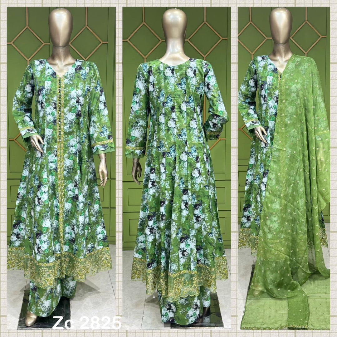 ZC2825B - Green Embroidered Cotton 3 Piece suit