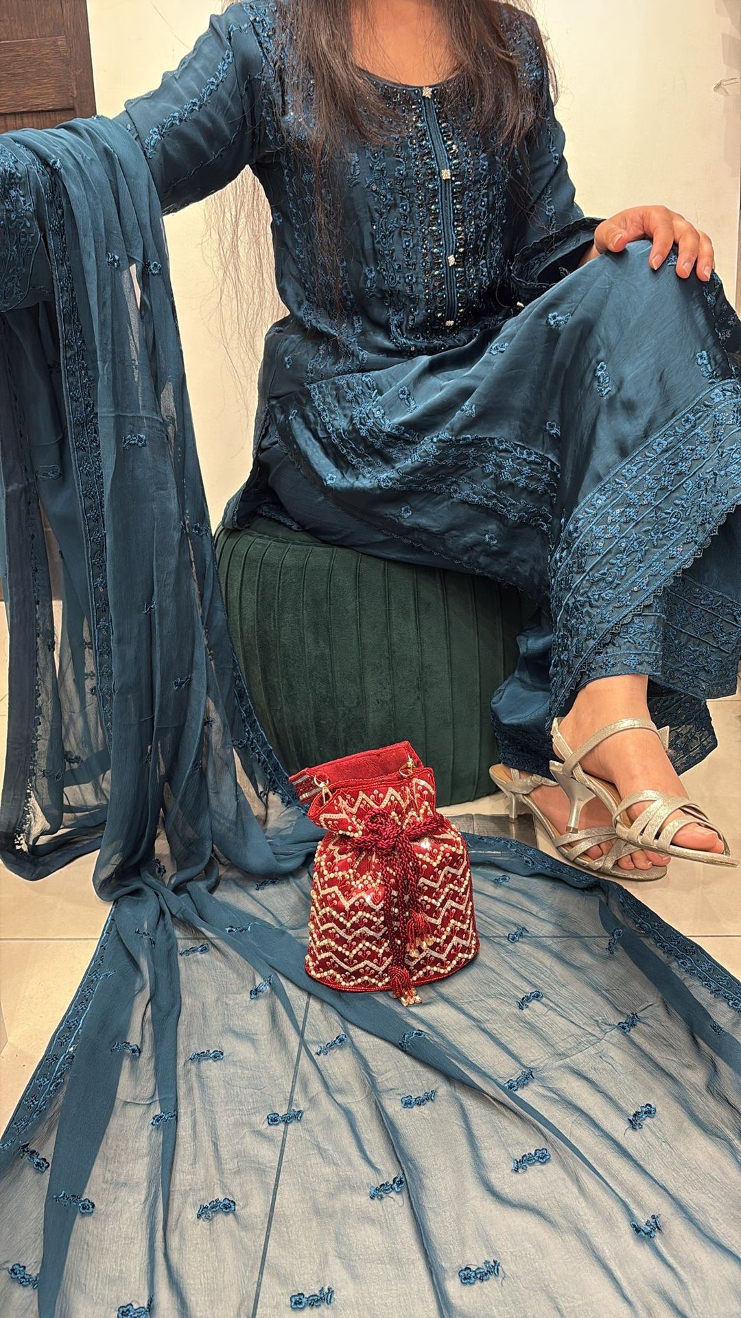 AG21d- TEAL EMBROIDERED SILK 3 PIECE SUIT