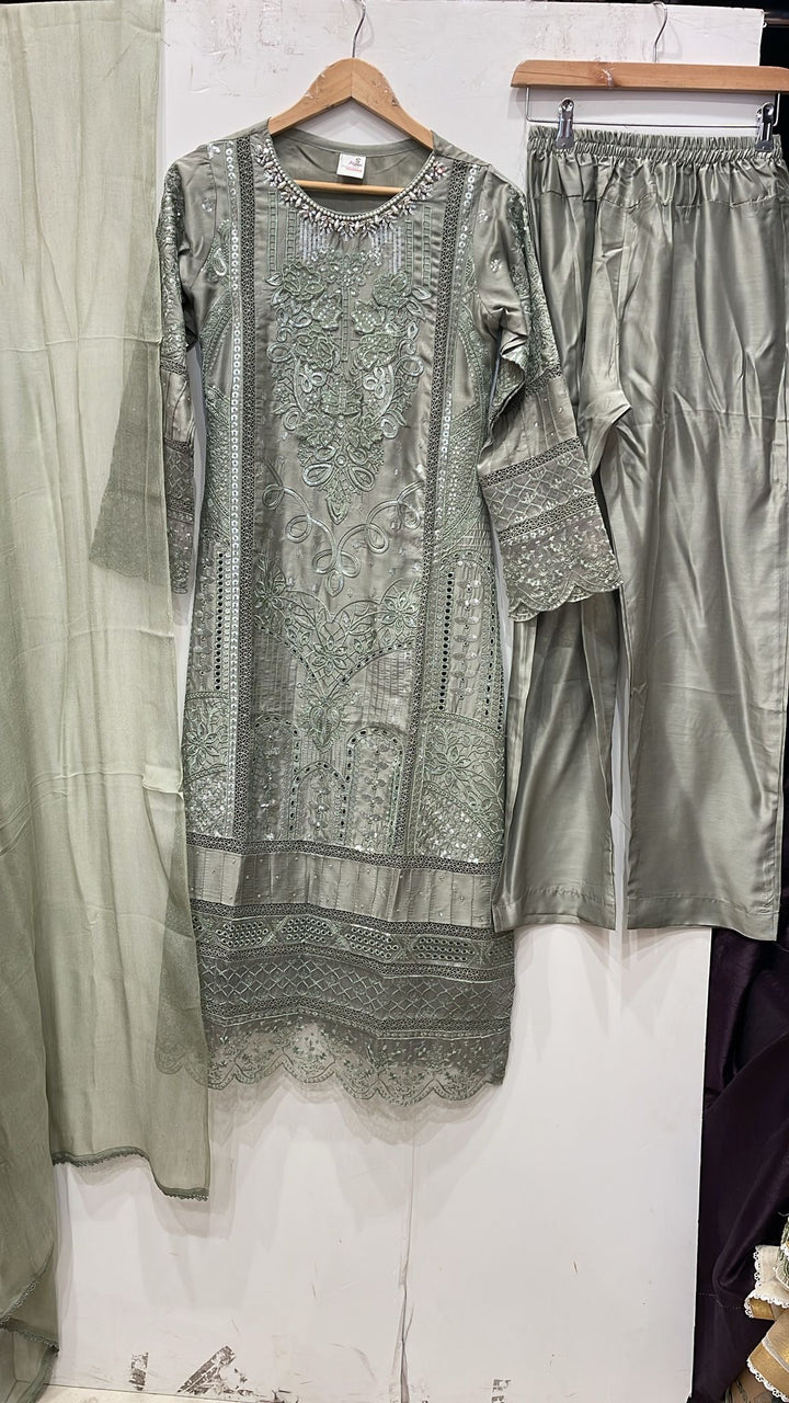 1184C - Sage Grey Embroidered Viscose 3 Piece suit