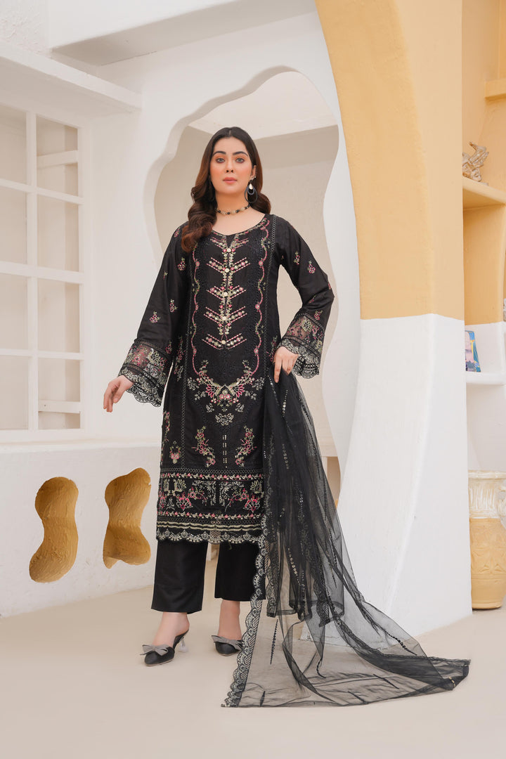 77A - Maria b inspired Black Embroidered Cotton 3 piece suit