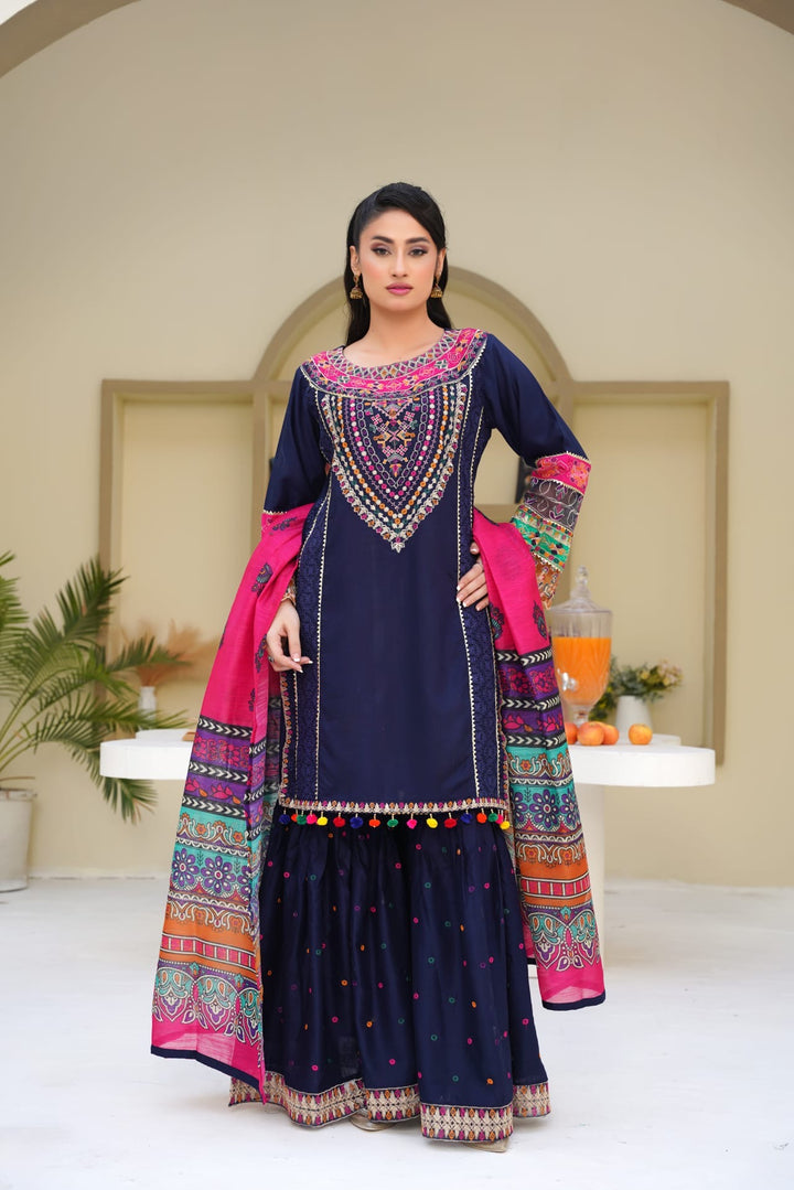 1169A - Blue Embroidered Linen Cotton 3 Piece Gharara suit