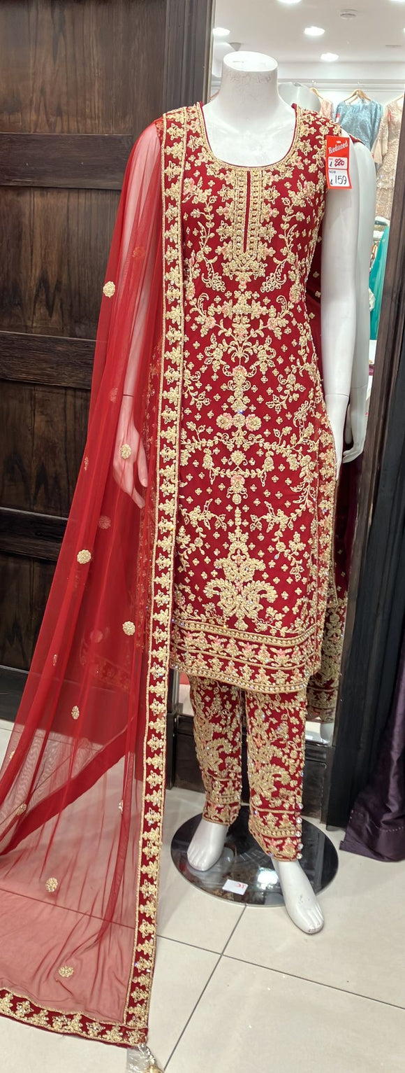 RED HEAVY EMBROIDERED & EMBELLISHED 3 PIECE SUIT 3164A