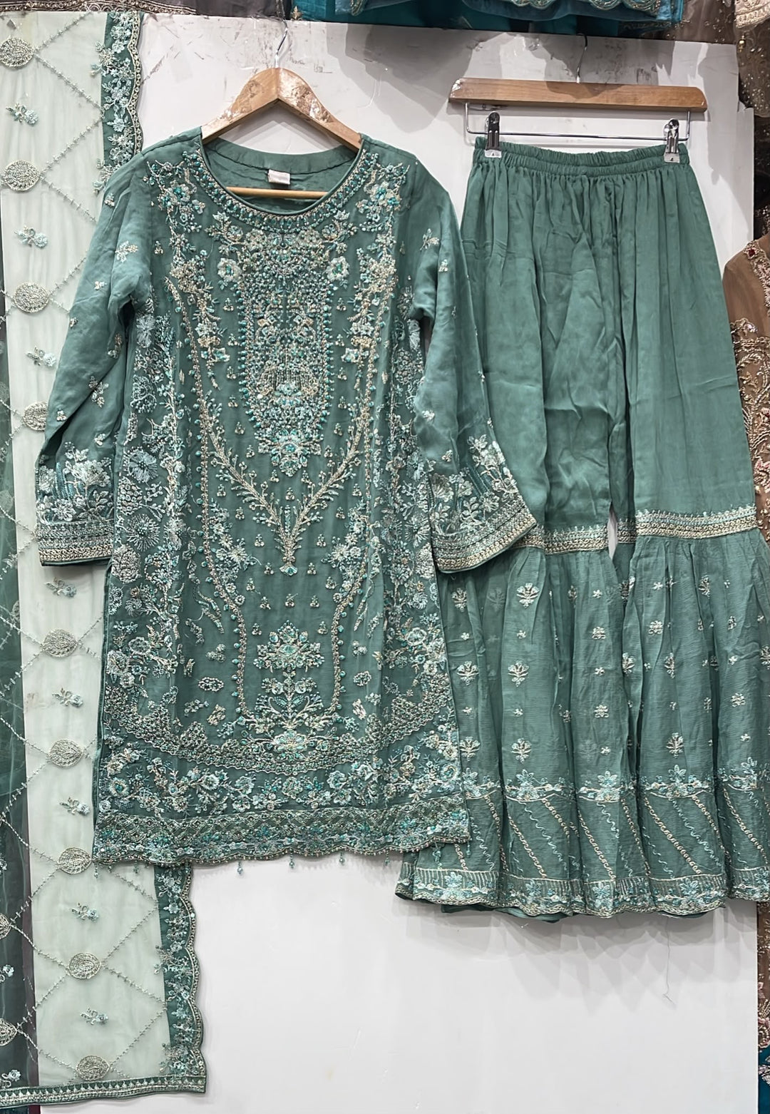 374B Sage Green Embroidered Chiffon Gharara 3 Piece Suit