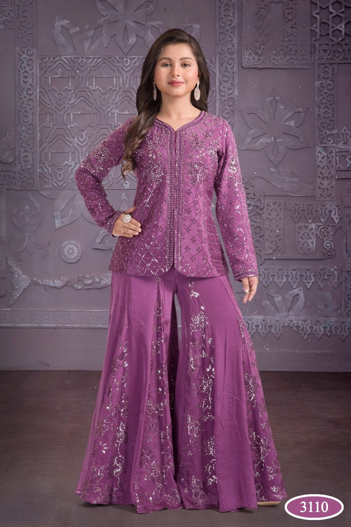 3110D - GIRLS PURPLE EMBROIDERED SHARARA DRESS