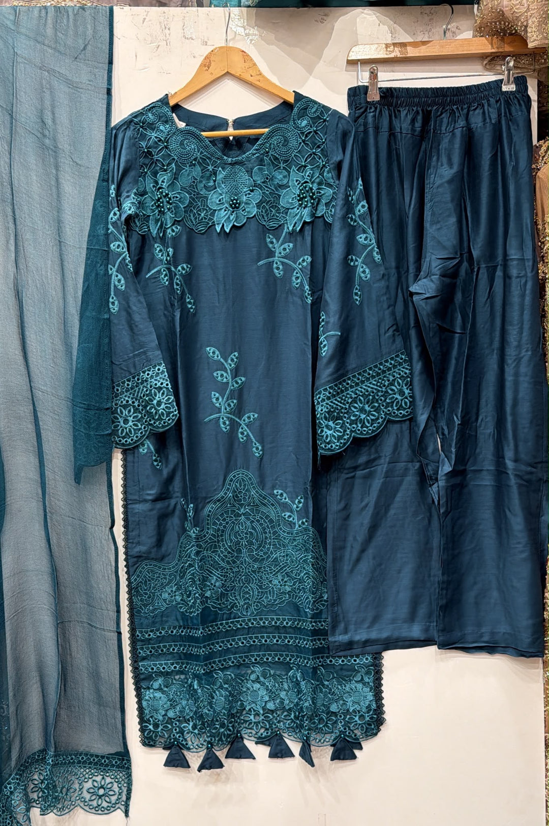 1115D - Teal Embroidered Viscose 3 Piece suit - East meets west clothing 