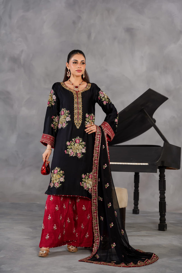 335C- Black/Red Embroidered Shamoz Silk 3 Piece Suit