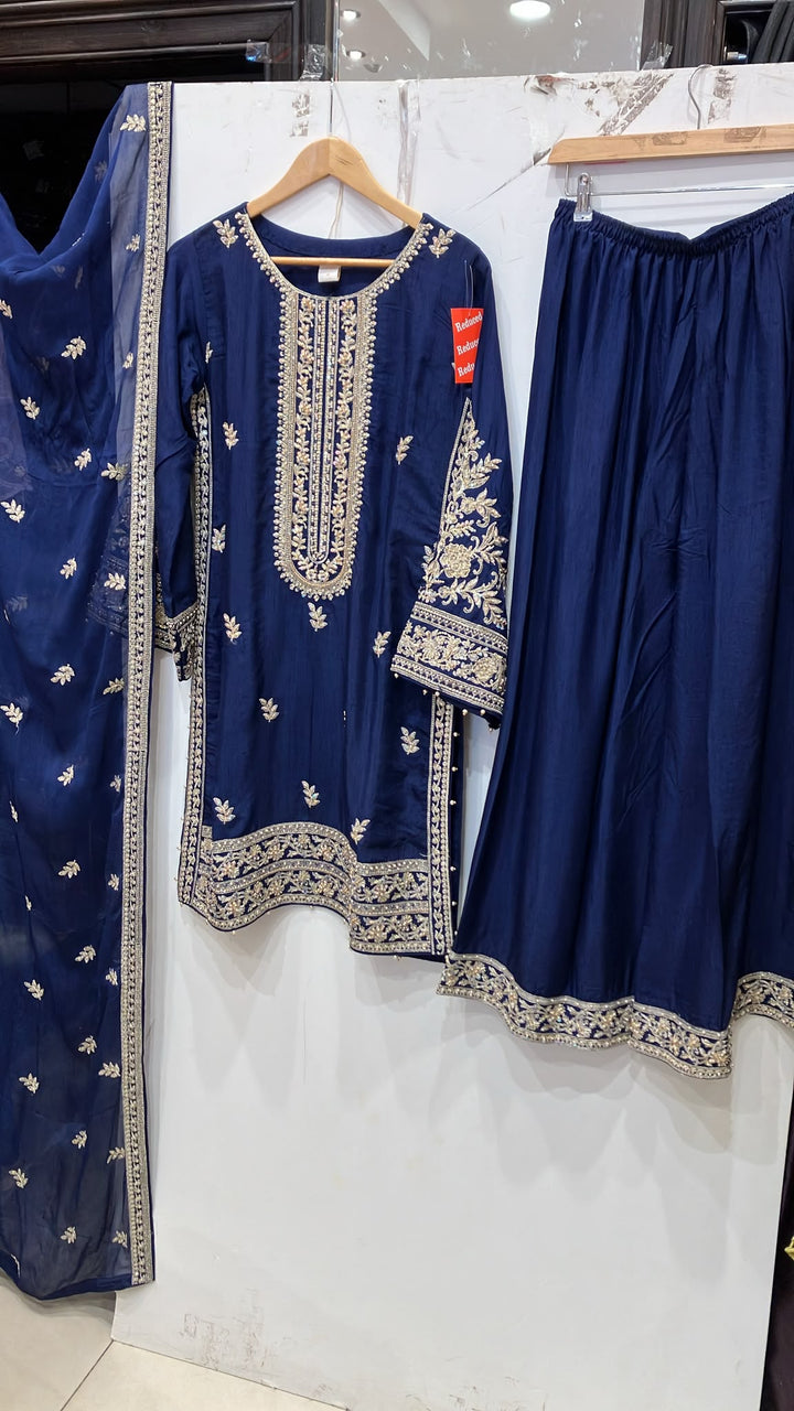 365C - Blue Embroidered Silk 3 Piece Suit