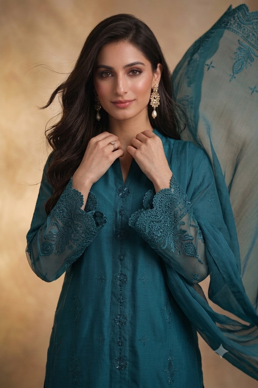 1114D - Teal Embroidered Linen 3 Piece suit
