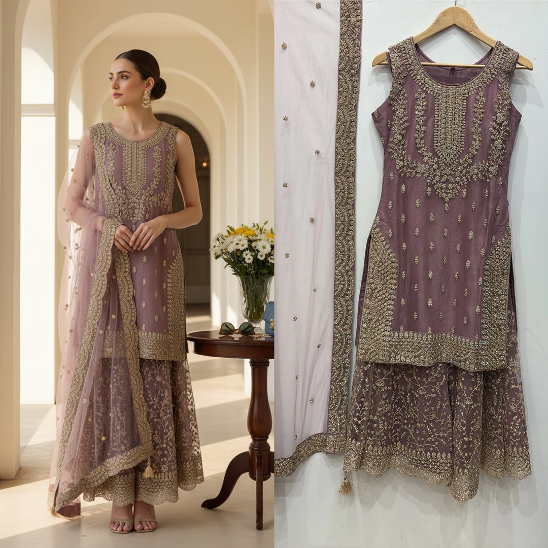 7002B- MAUVE EMBROIDERED & EMBELLISHED SHARARA SUIT