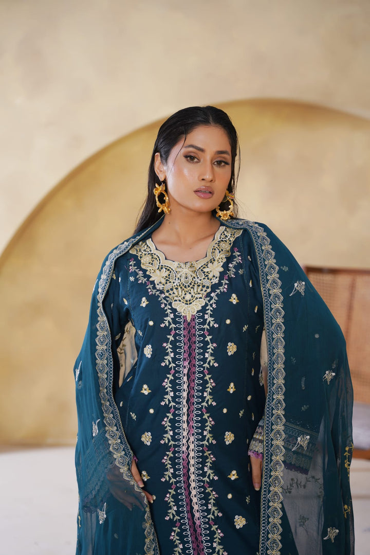 1168A  - Teal Embroidered Linen 3 Piece suit