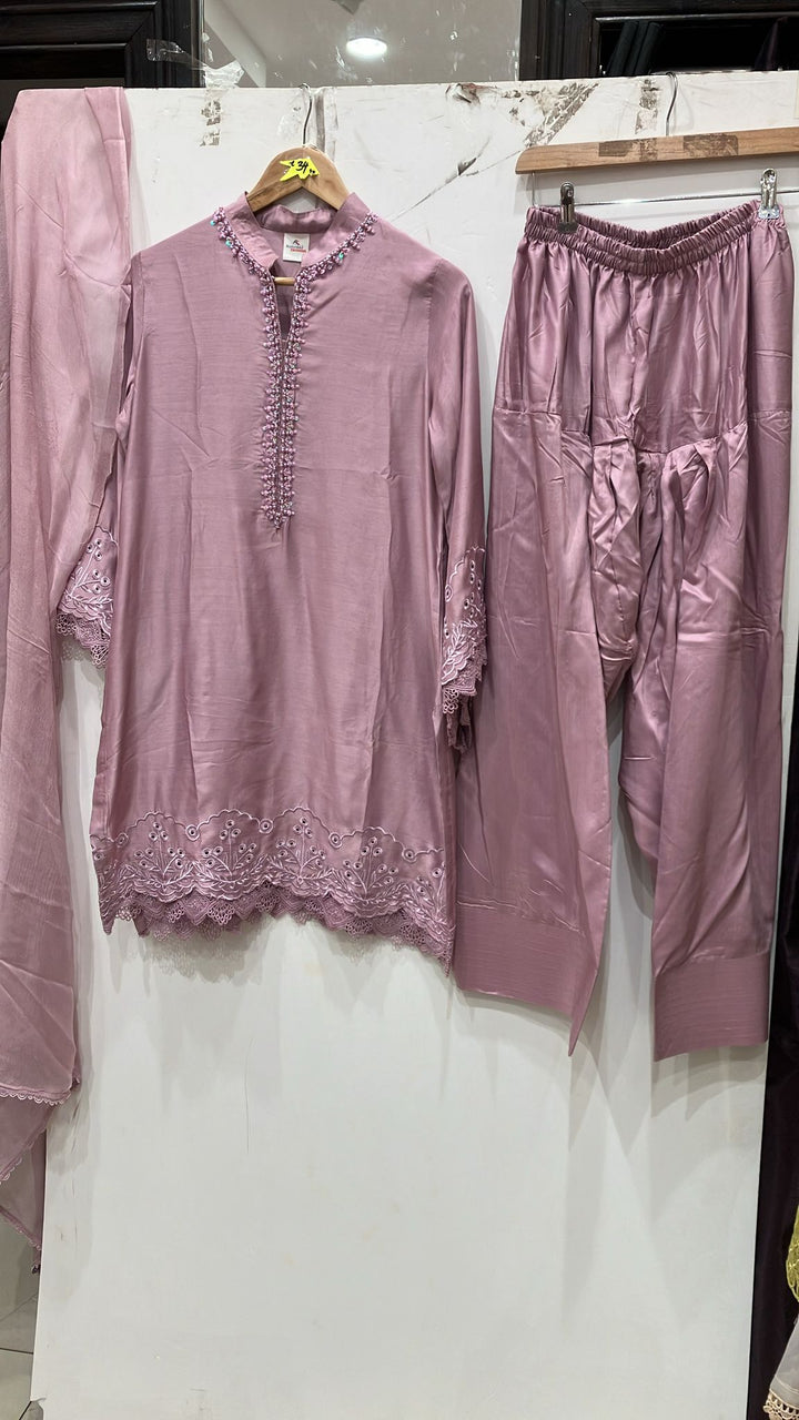 1116M - Dusty Pink Viscose Silk Shirt with Farshi Shalwar & Chiffon Dupatta