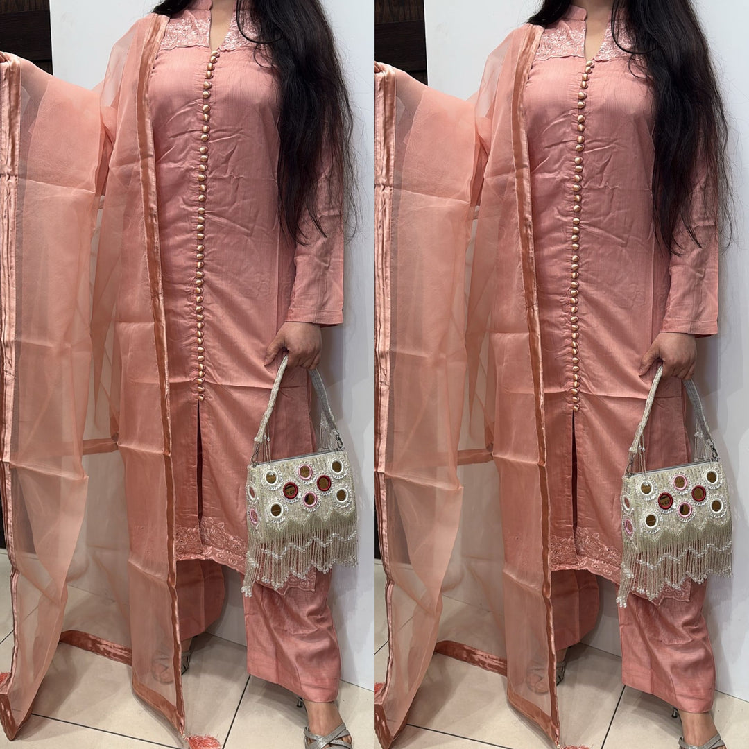 OLN6 - PEACH LINEN EMBROIDERED 3 PIECE SUIT